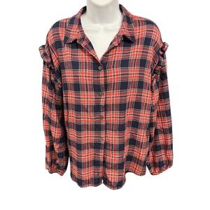 Candace Cameron Bure XS Plaid Ruffle Long Sleeve Button Down‎ Shirt